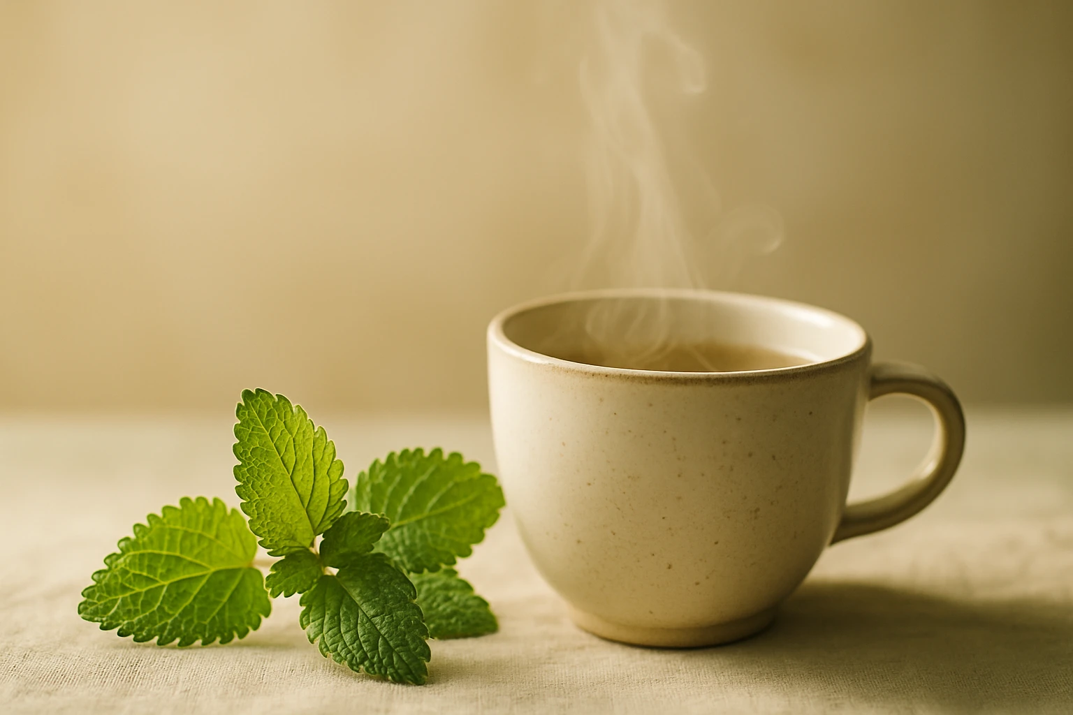 Gőzölgő tea egy világos színű bögrében, friss mentalevelek társaságában.