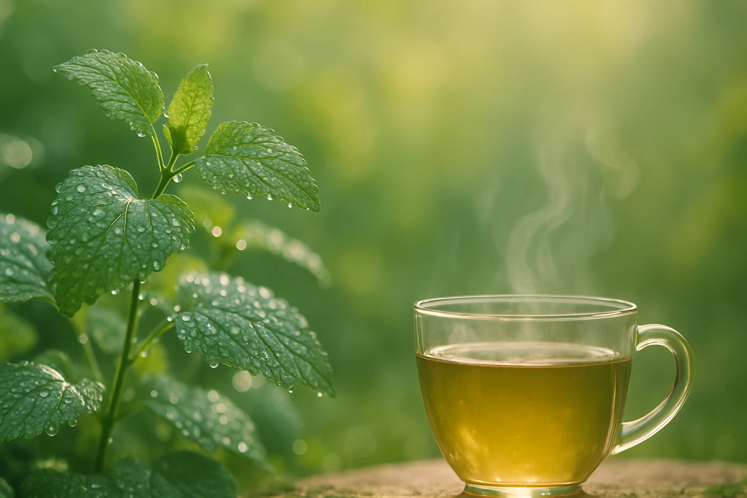 Egy átlátszó pohárban gőzölgő tea és friss, csepegtető mentalevelek.