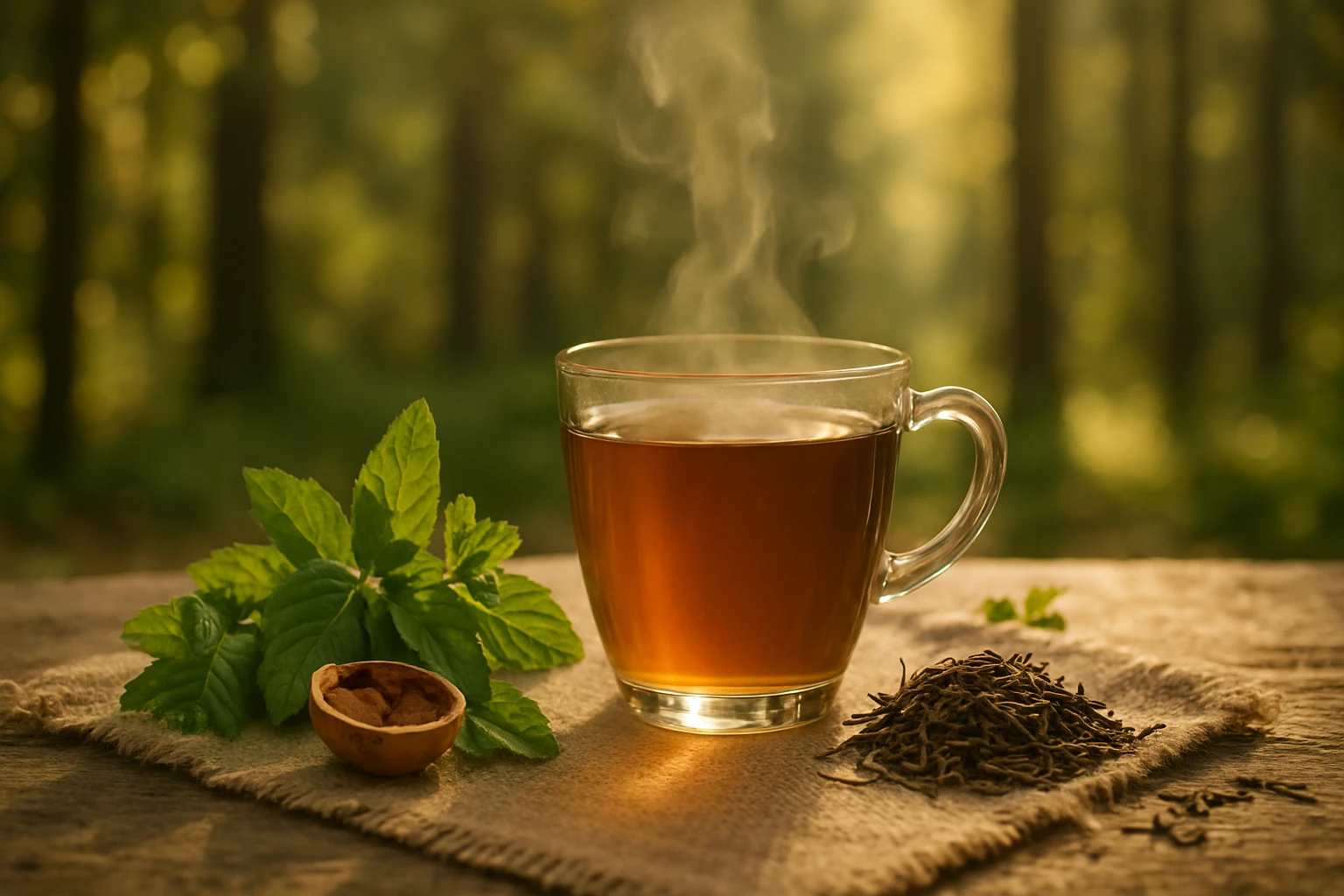 Gőzölgő tea egy üveg pohárban, friss mentalevelekkel és tealevelekkel.