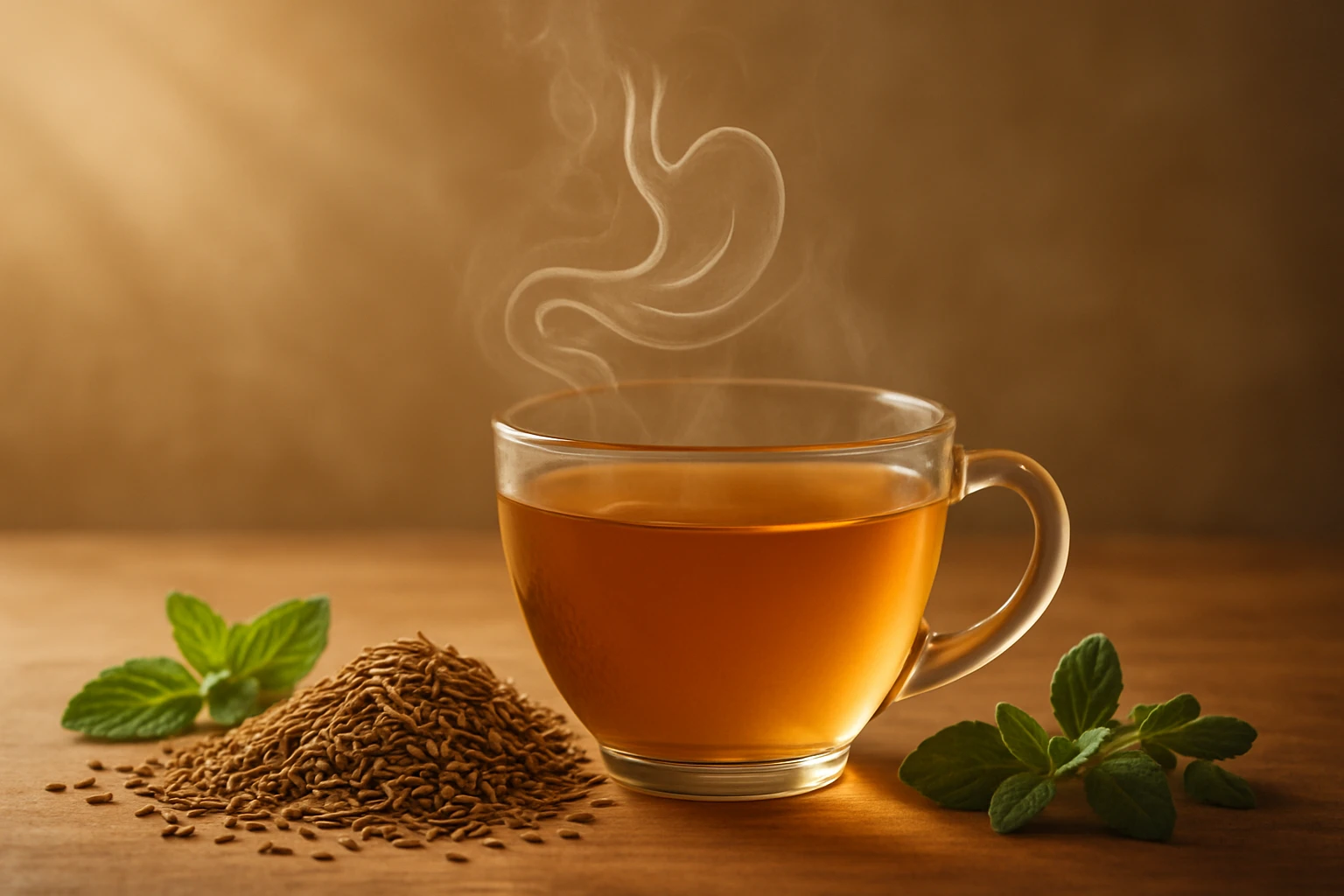 Gőzölgő tea egy átlátszó bögrében, mellette kömény és menta levelek.