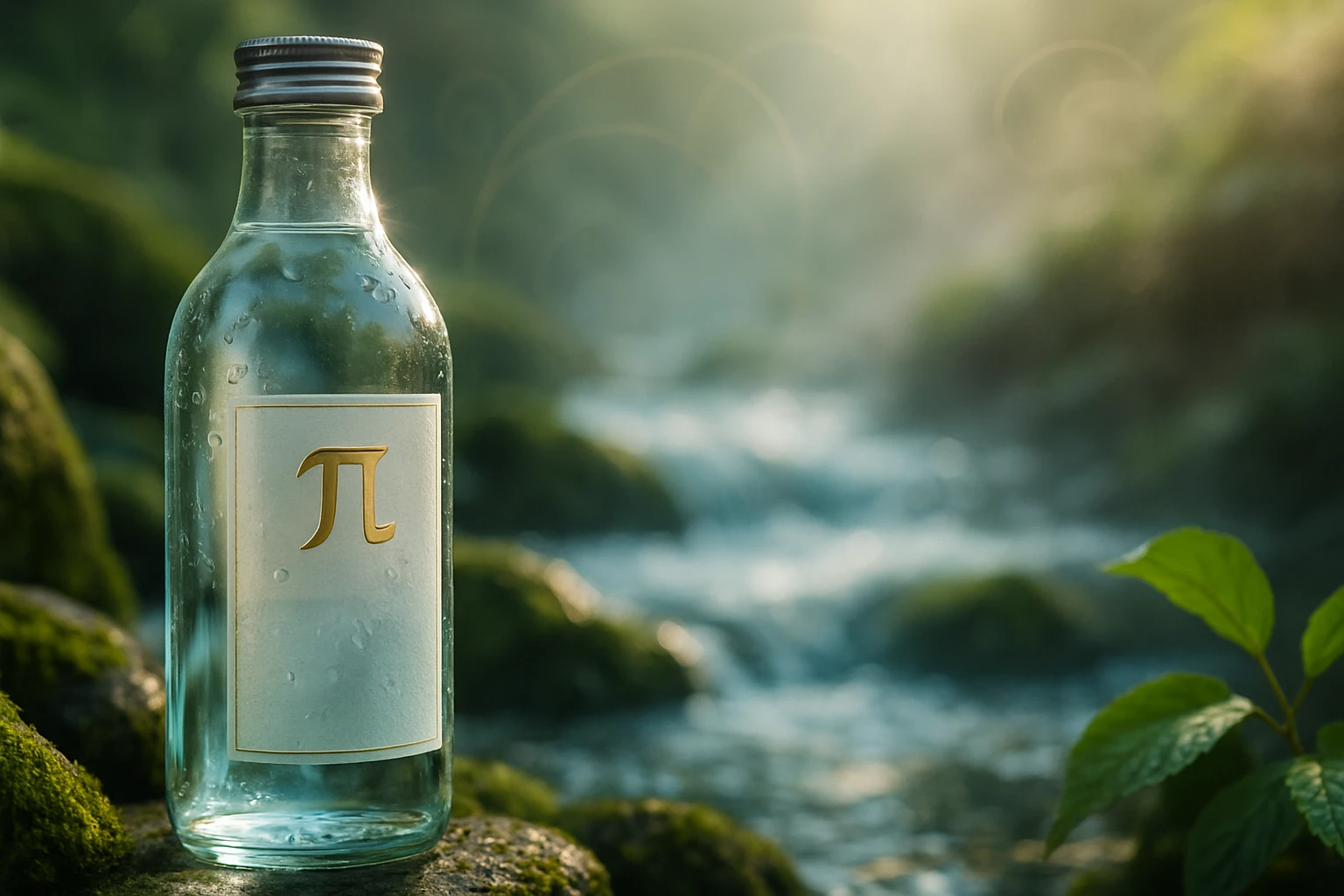 Pi-víz – a vitalitás és egészség természetes titka 2 Egy üveg palack, amelyen a π jel látható, vízparti környezetben.