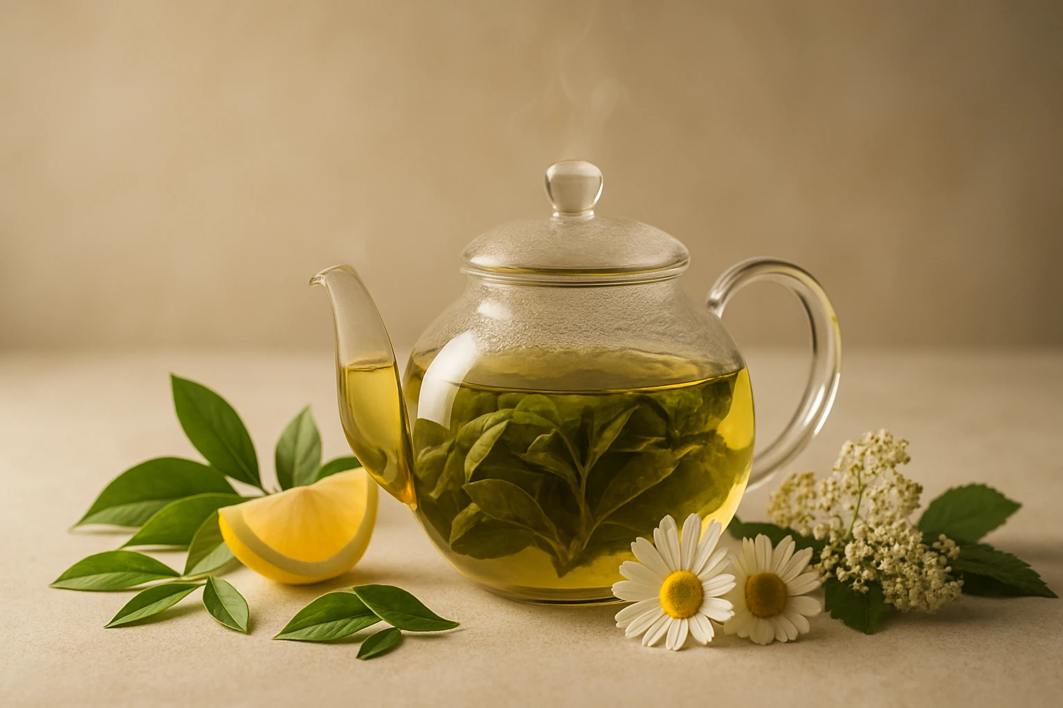 Egy üveg teáskanna friss zöld teával, citromszelettel és virágokkal.
