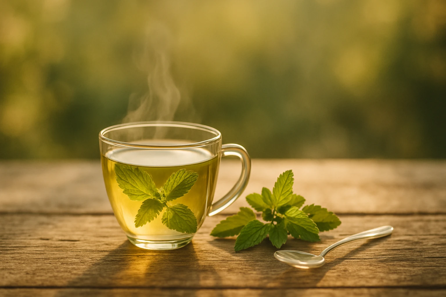 Gőzölgő zöld tea friss mentalevelekkel egy üveg bögrében.