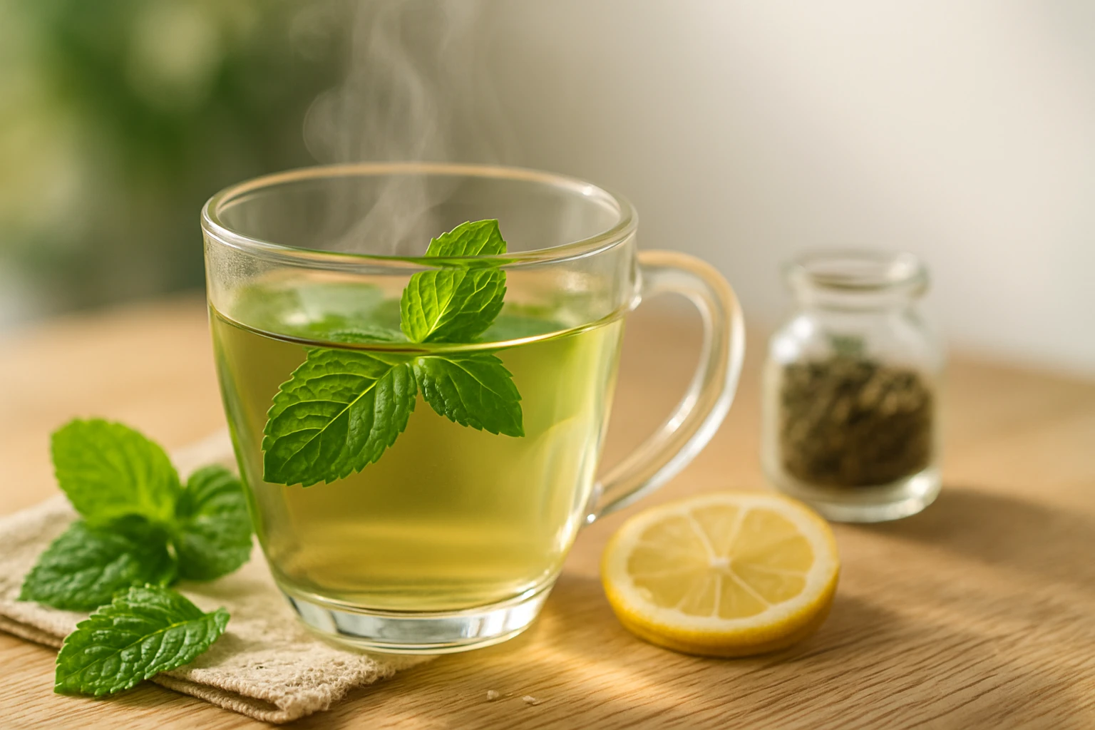 Friss mentával díszített, gőzölgő zöld tea egy üvegcsészében.