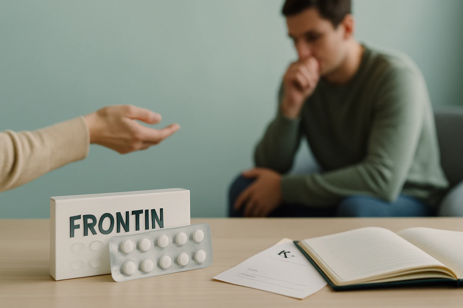 Egy kéz Frontin gyógyszer csomagját mutatja, míg egy férfi gondolkodik a háttérben.