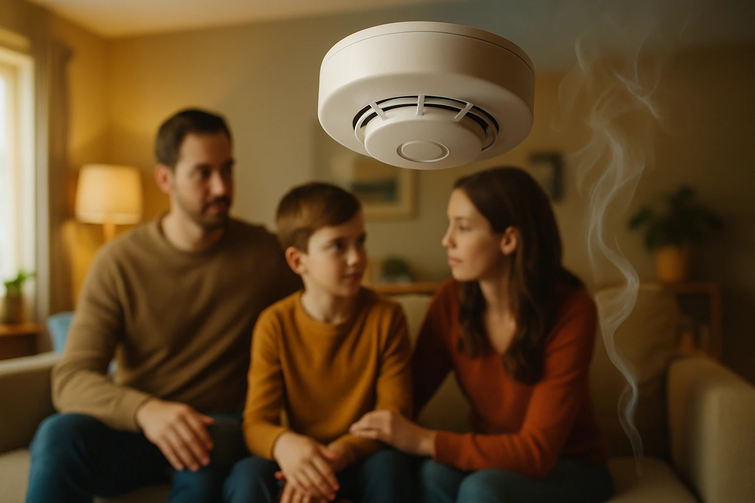 Egy család ül a kanapén, miközben egy füstérzékelő működik felettük.