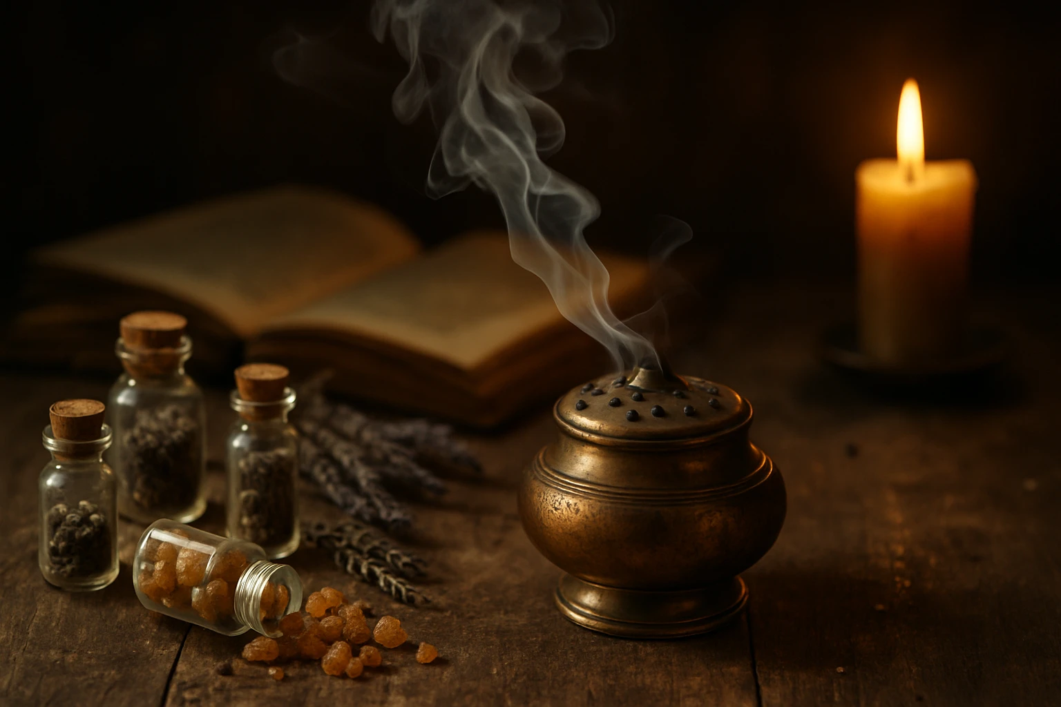 Füstölő edény, mellette üvegpalackok és gyertya, hangulatos háttérben.