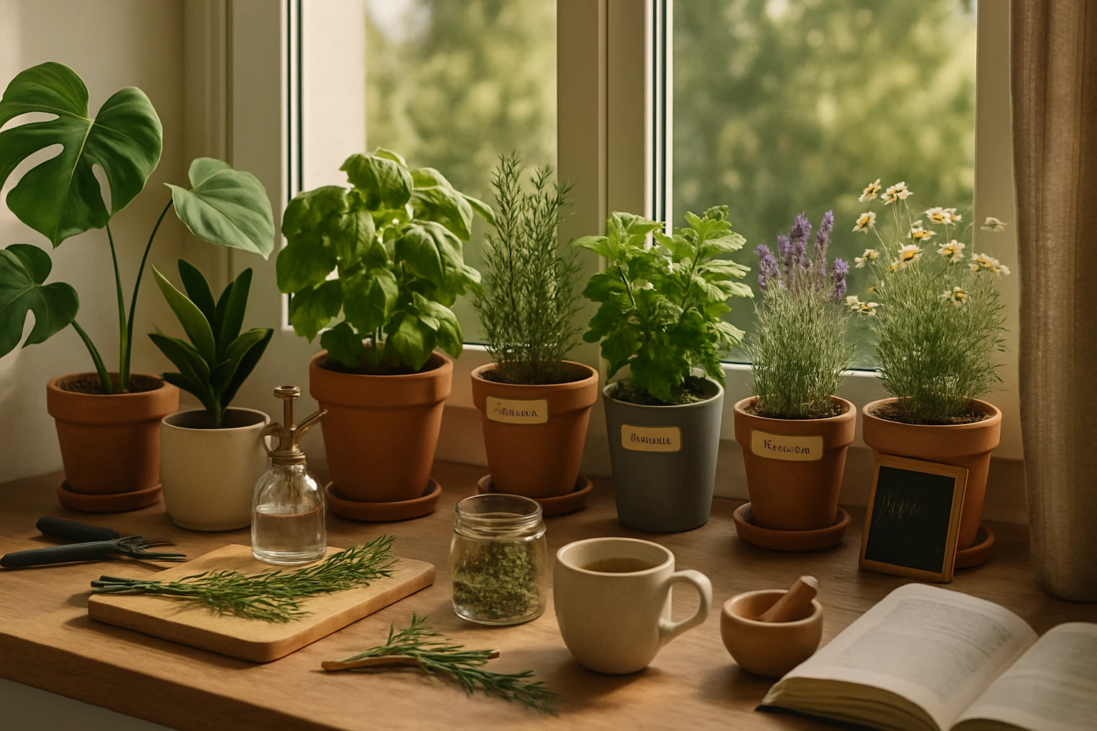 Egy ablakpárkányon elhelyezett fűszernövények és virágok, valamint egy kávéscsésze.