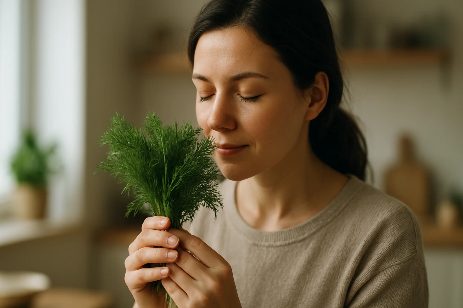 Egy nő zöld fűszernövényt tart a kezében, miközben élvezi az illatát.