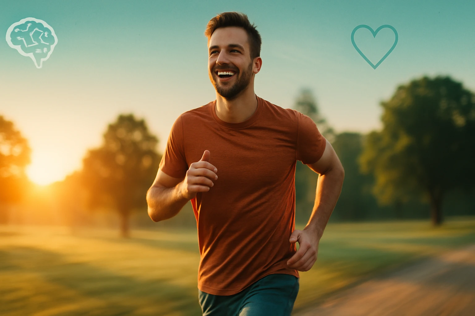 Egy fiatal férfi fut a napfelkeltében, boldog arccal és energikus mozdulatokkal.