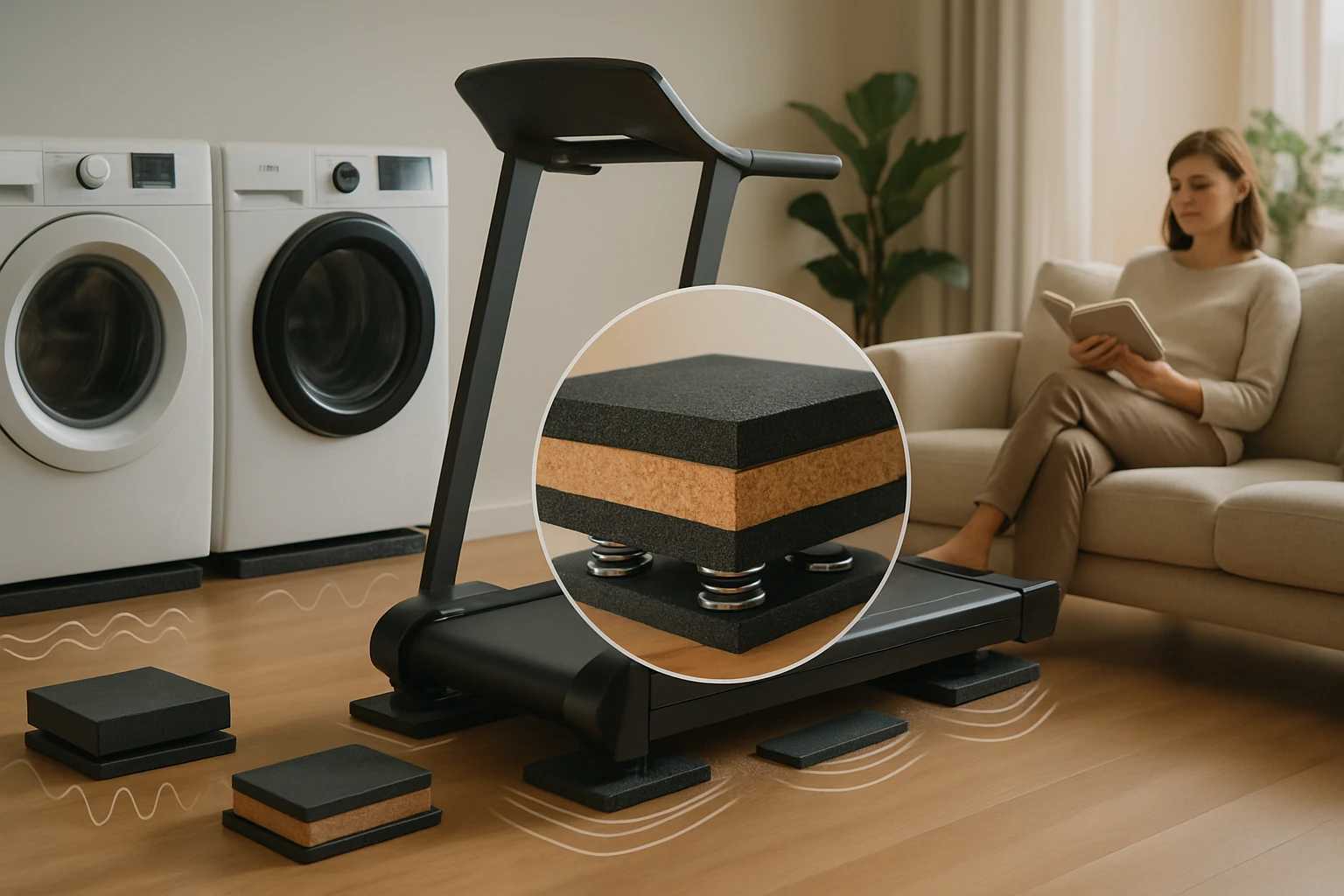 Egy futópad látható, mellette szőnyeg alátétek, háttérben mosógépek.