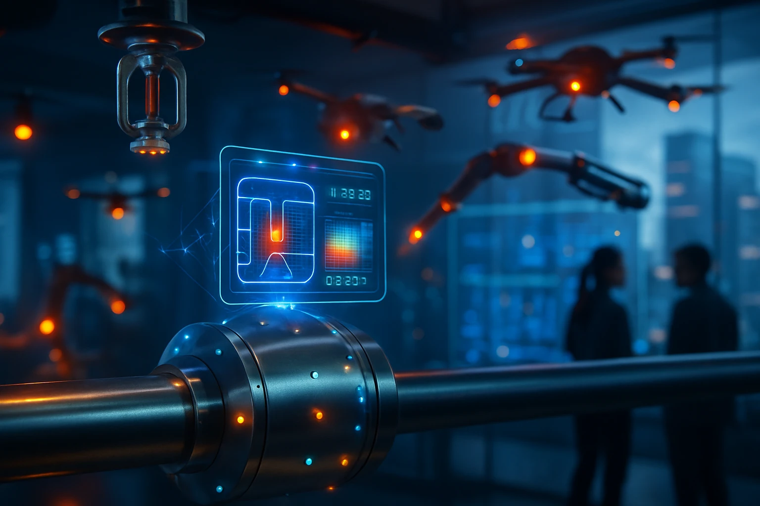 Egy futurisztikus gyártóüzem belső tere, holografikus kijelzőkkel és drónokkal.