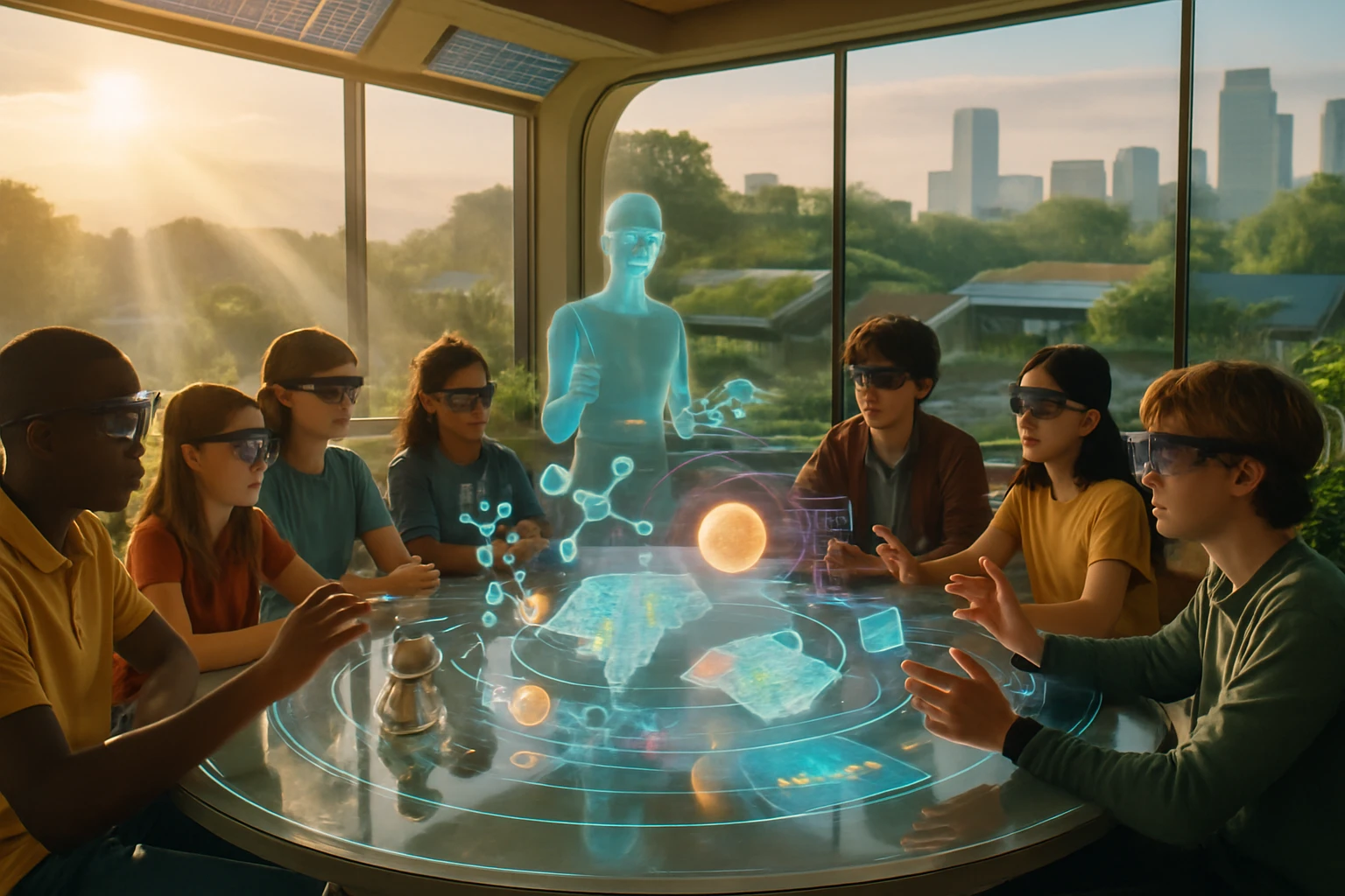 Gyerekek holografikus bemutatón vesznek részt, futurisztikus környezetben.