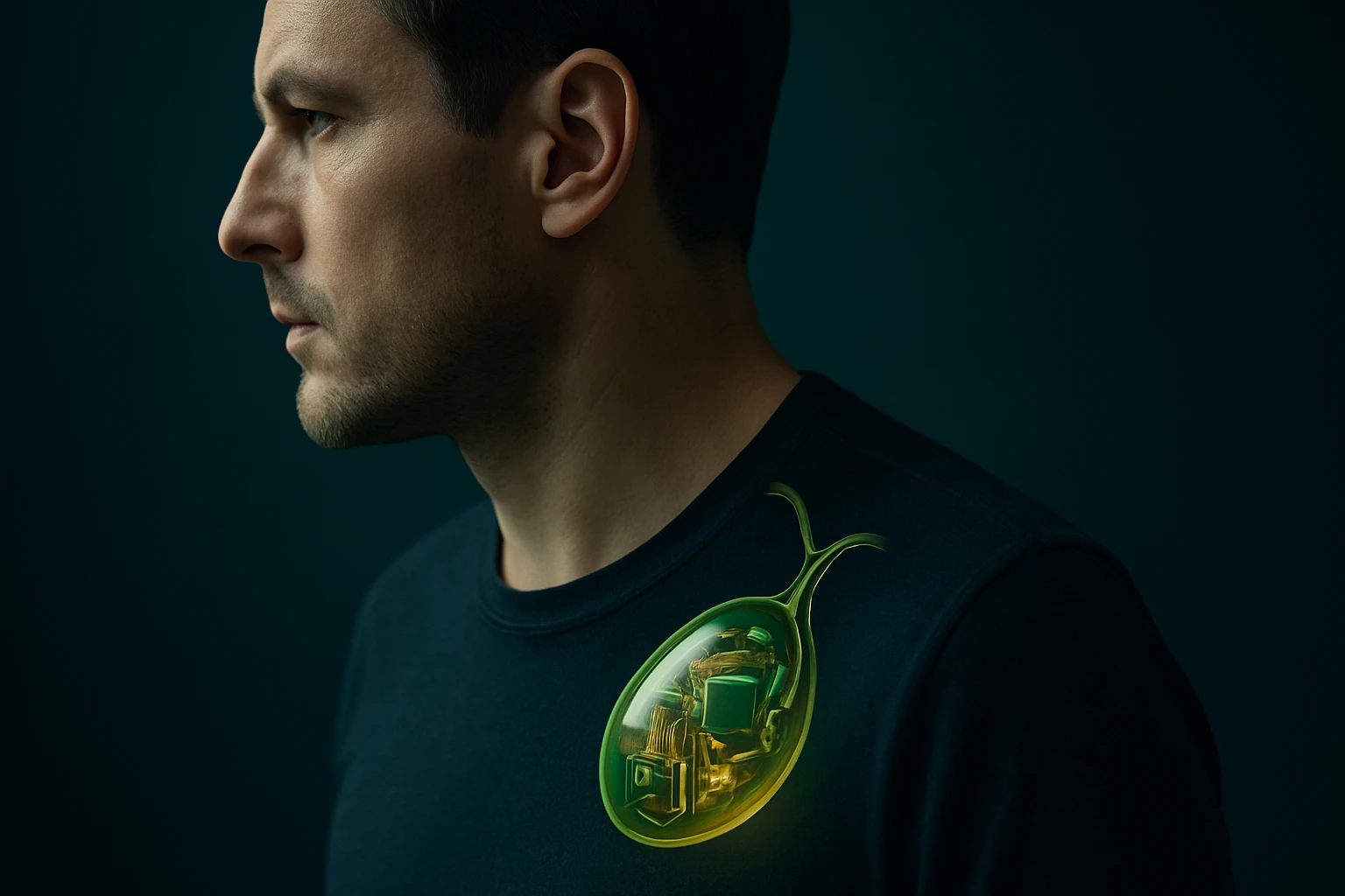 Egy férfi profilja látható, aki sötét pólót visel, a vállán futurisztikus zöld ábra látható.