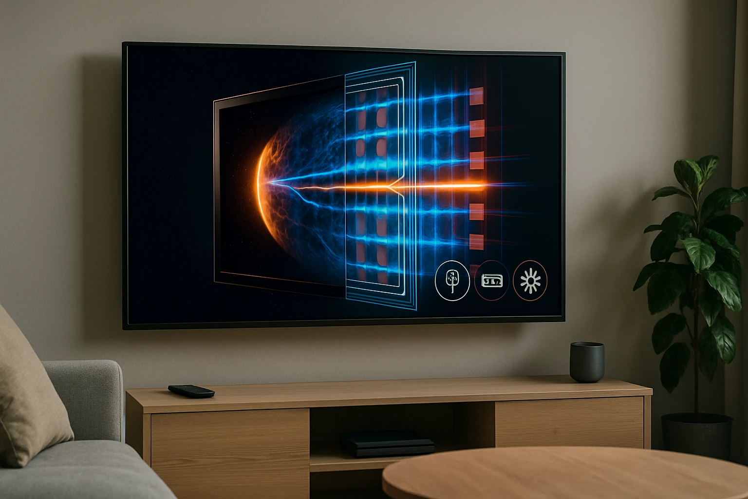 Modern televízió, amelyen futurisztikus grafika látható, energiatudatos funkciókkal.