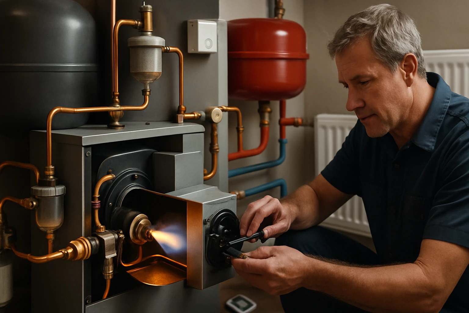 Olajégő működése – hatékony fűtés és rendszerkarbantartás egyszerűen 6 Egy szakember gázkazánt szerel, lángot állít be a készülékben.