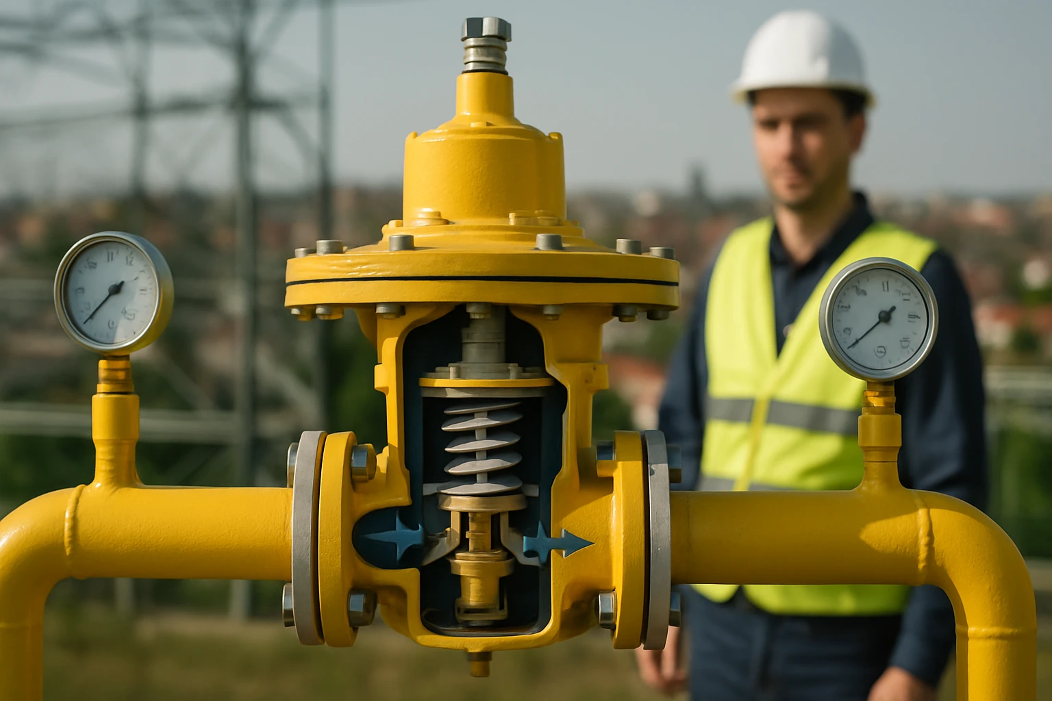 Sárga gázszelep részlete, háttérben munkás védősisakban és mellényben.