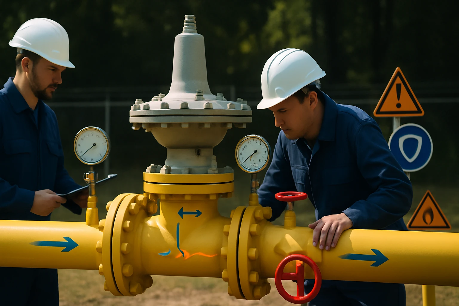 Két munkás ellenőrzi a sárga gázvezeték nyomását és állapotát.