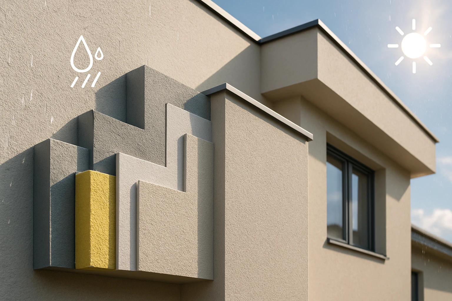 Egy modern épület falán színes, geometrikus díszítés látható, esőcseppekkel és napsütéssel.