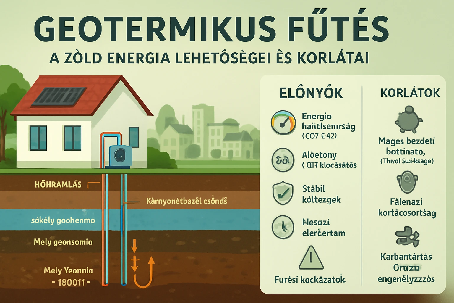 Geotermikus fűtési rendszer ábrázolása, ház, csövek és hőszivattyú látható.