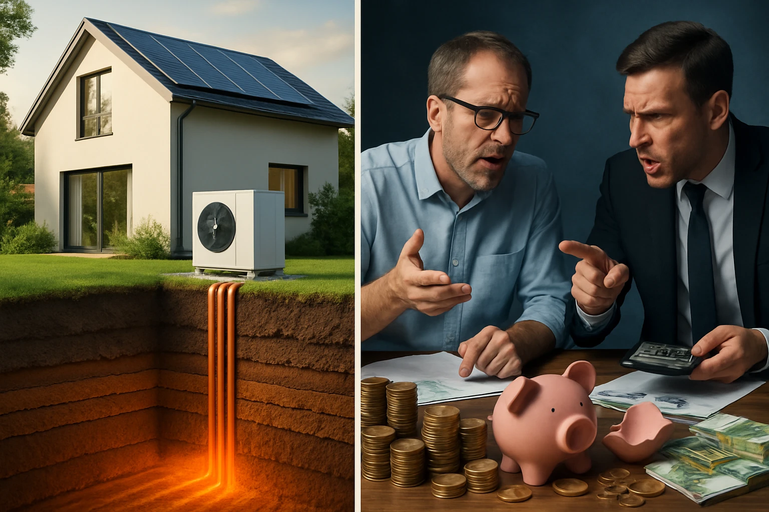 Egy modern ház mellett geotermikus hőszivattyú látható, amely a földből nyeri a hőt.