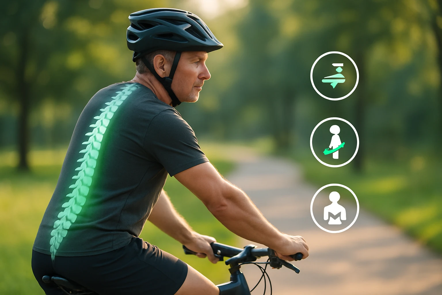 Egy férfi kerékpározik, hátán zöld színű gerincmintával.