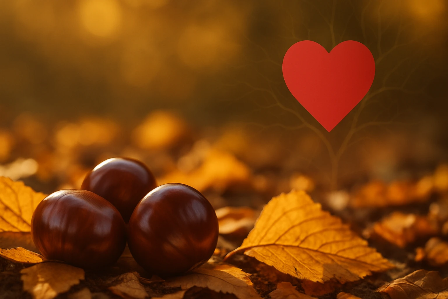 Három gesztenye fekszik sárga levelek között, háttérben lágy fényekkel.