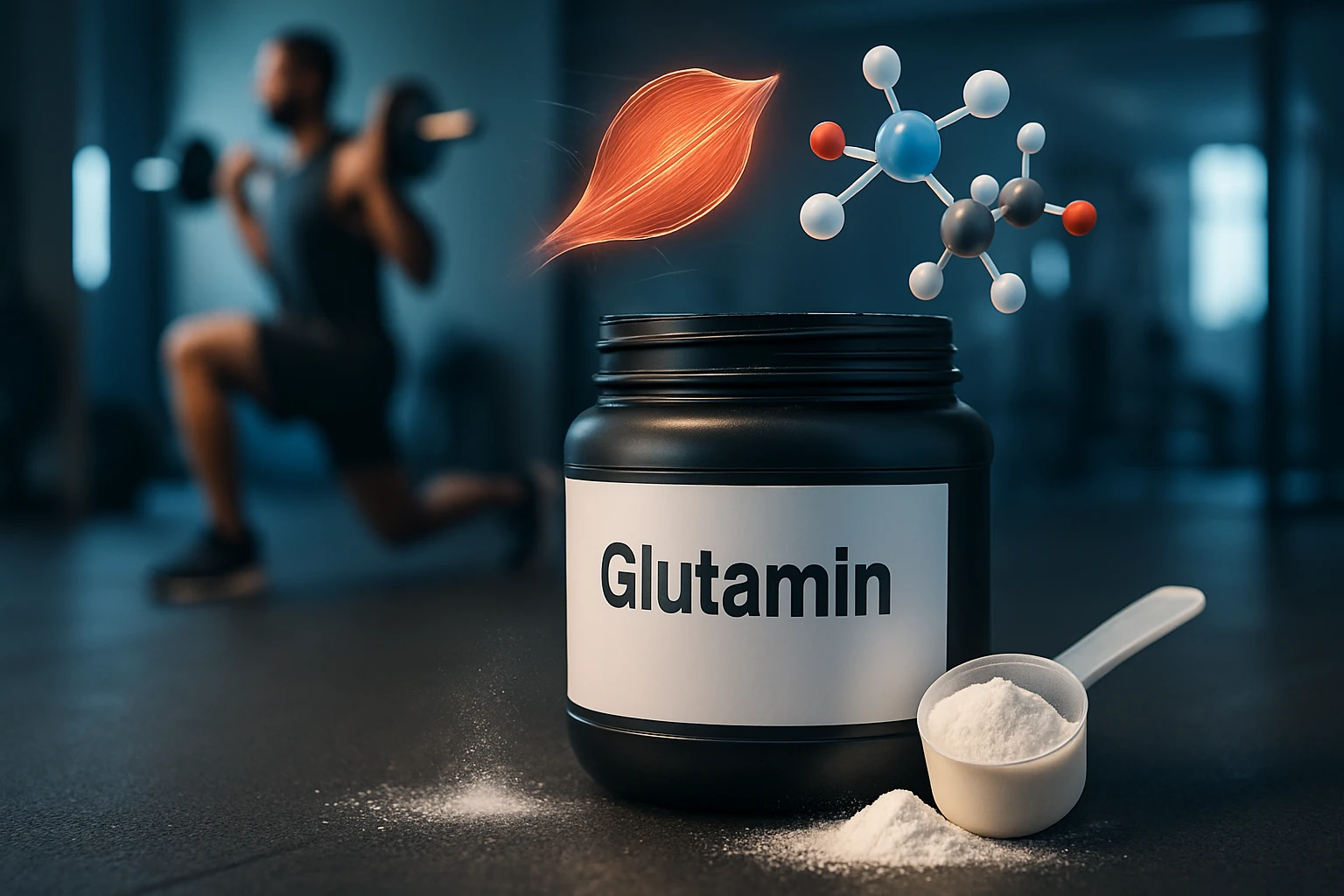 Egy glutamin táplálékkiegészítő, mellette edzőteremben egy sportoló.