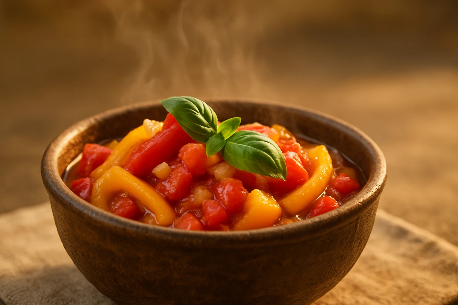 Friss zöldségekből készült, gőzölgő paradicsomos étel egy tálban.