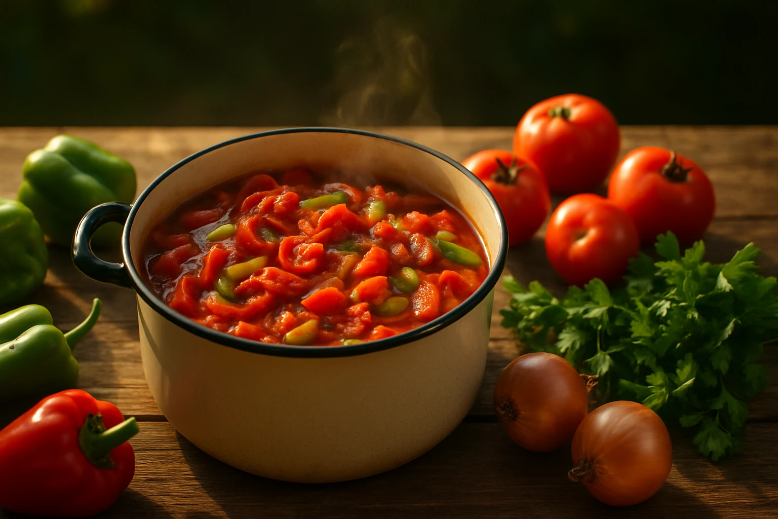 Friss zöldségekből készült, gőzölgő paradicsomos leves egy fazékban.