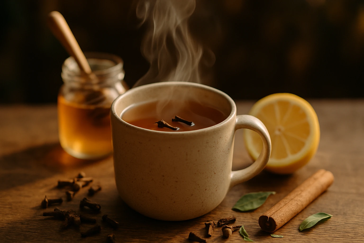 Gőzölgő tea egy kerámia bögrében, szegfűszeggel, citrommal és mézzel.