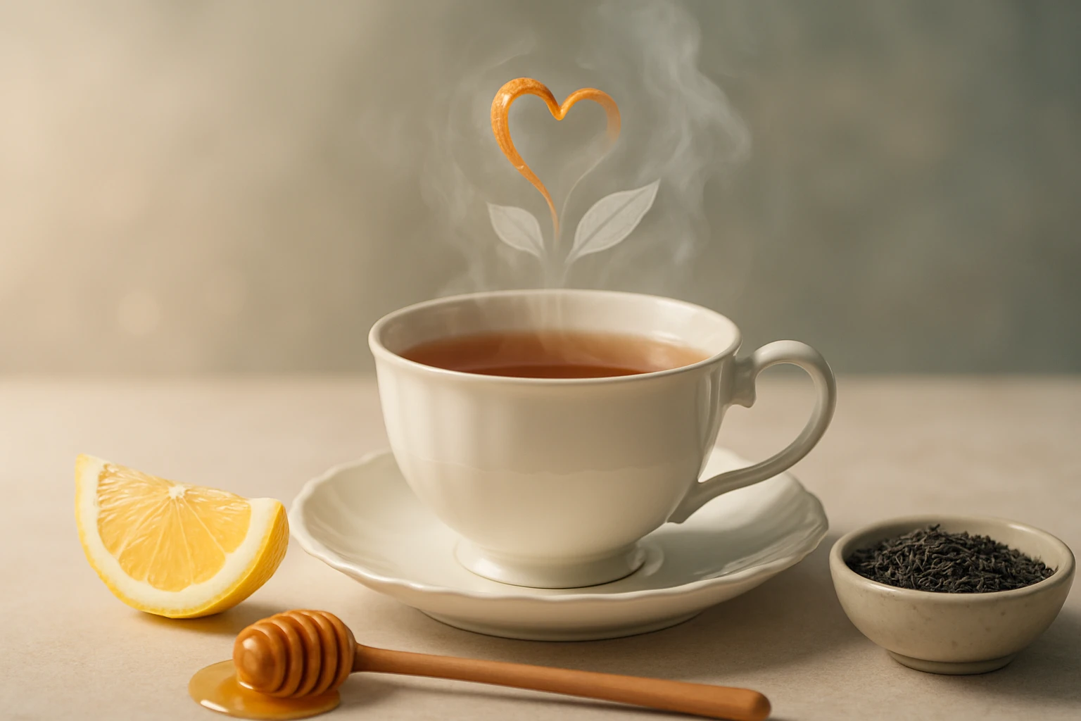 Egy fehér csésze gőzölgő tea, mellette citromszelet és méz.