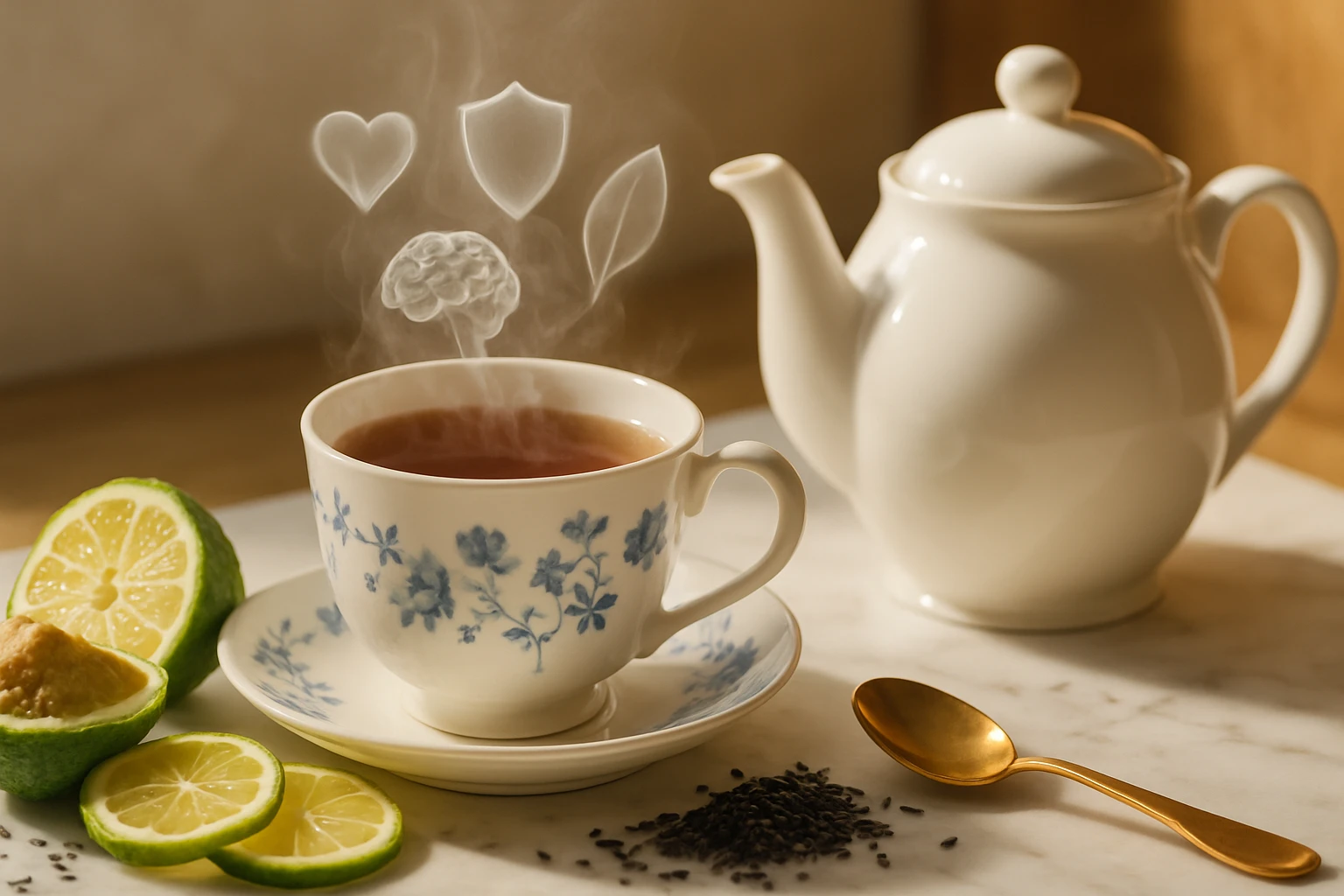 Gőzölgő tea egy virágmintás csészében, citromszeletekkel és teáskannával.