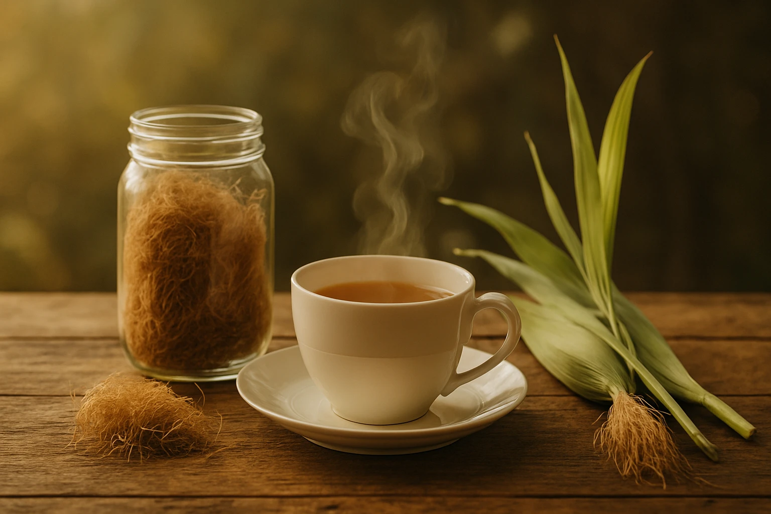 Egy gőzölgő tea a fából készült asztalon, mellette gyökér és üvegben szárított növény.