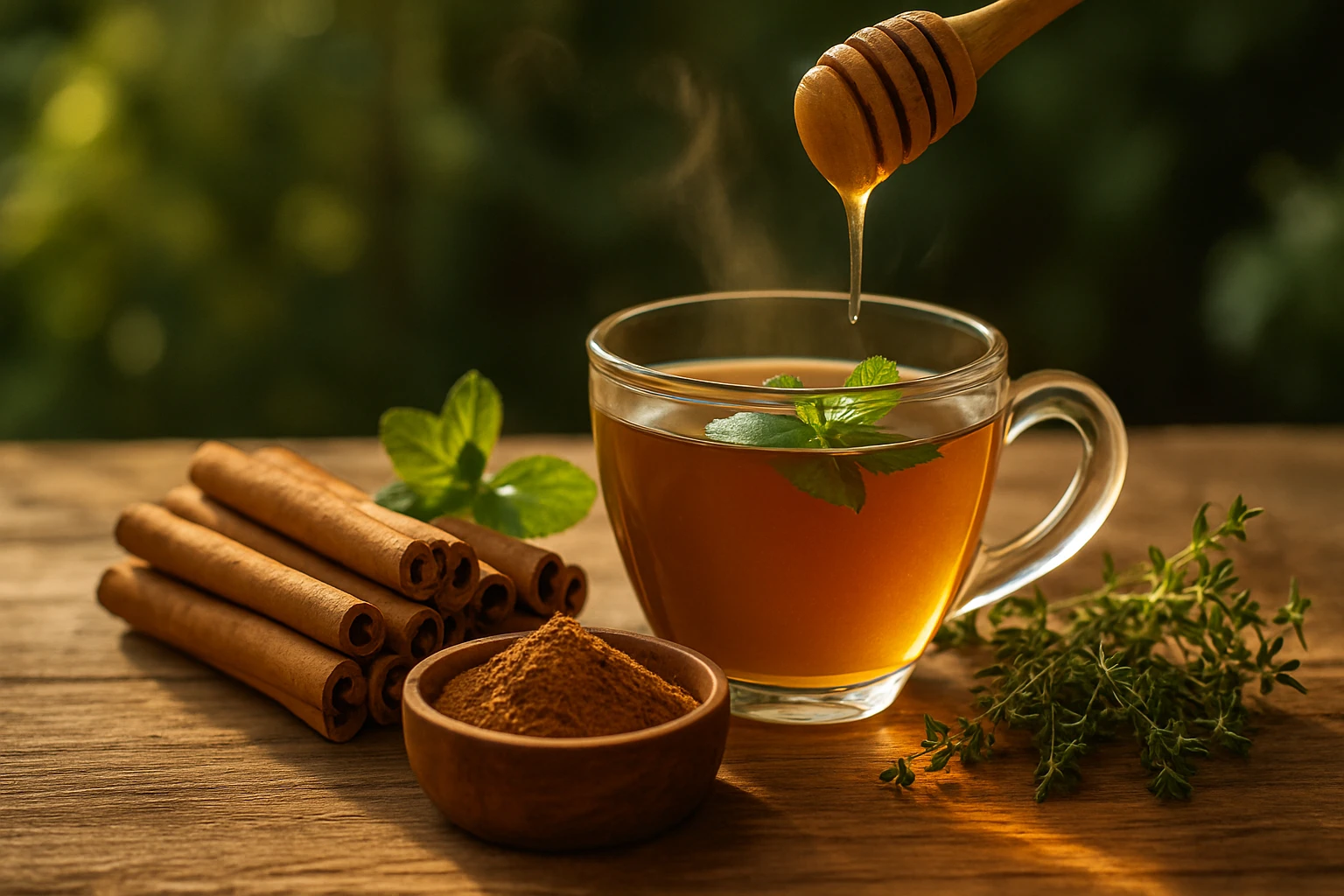 Egy csésze gőzölgő tea, méz és friss mentalevél díszíti.