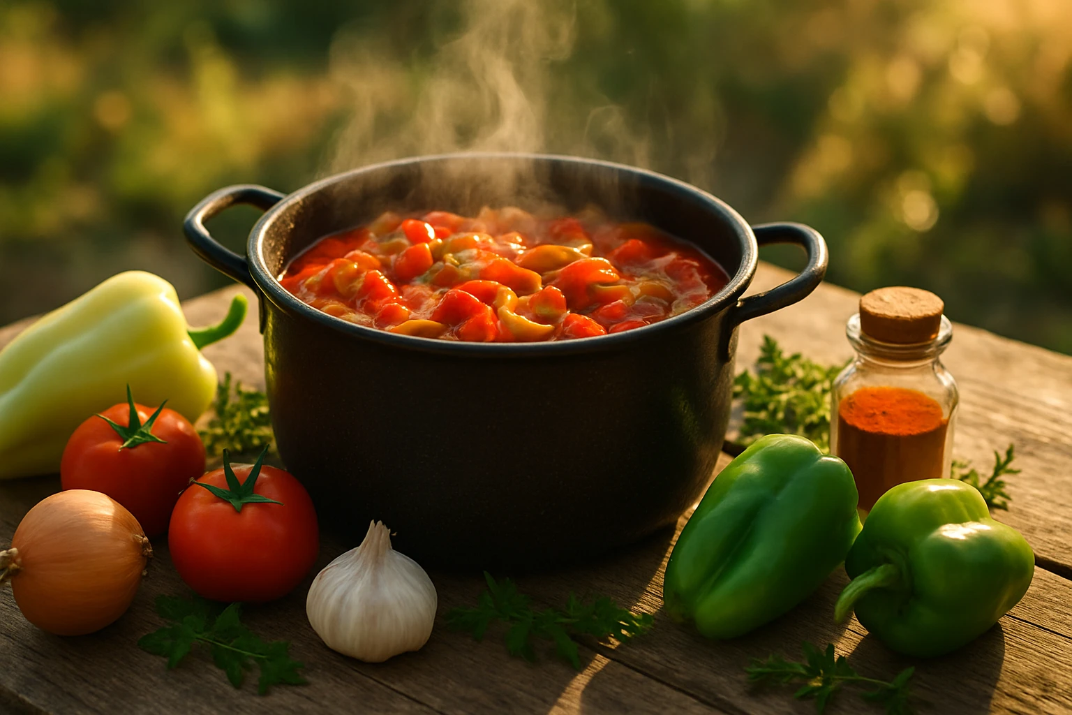 Főzőedényben gőzölgő zöldséges étel, friss zöldségekkel körülvéve.