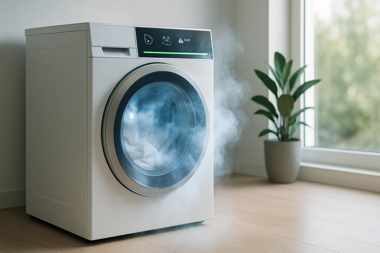 Modern mosógép gőzöléssel, fehér fal mellett, zöld növénnyel.