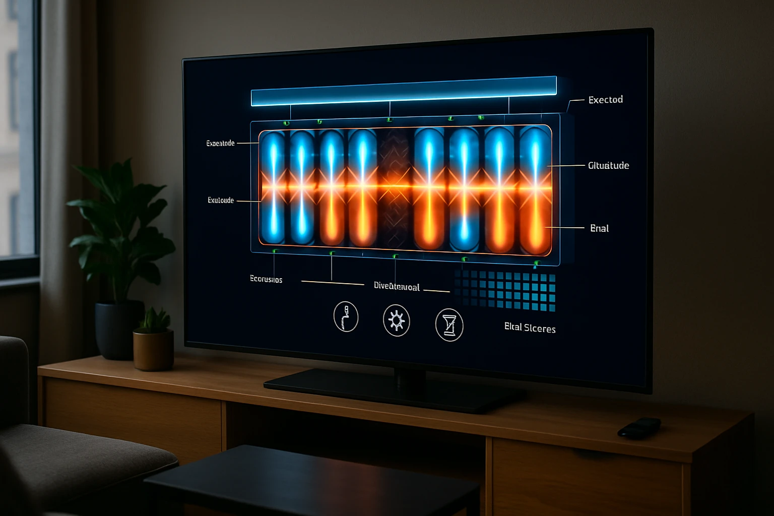 Egy modern televízión megjelenő grafikus ábra, színes elemekkel.