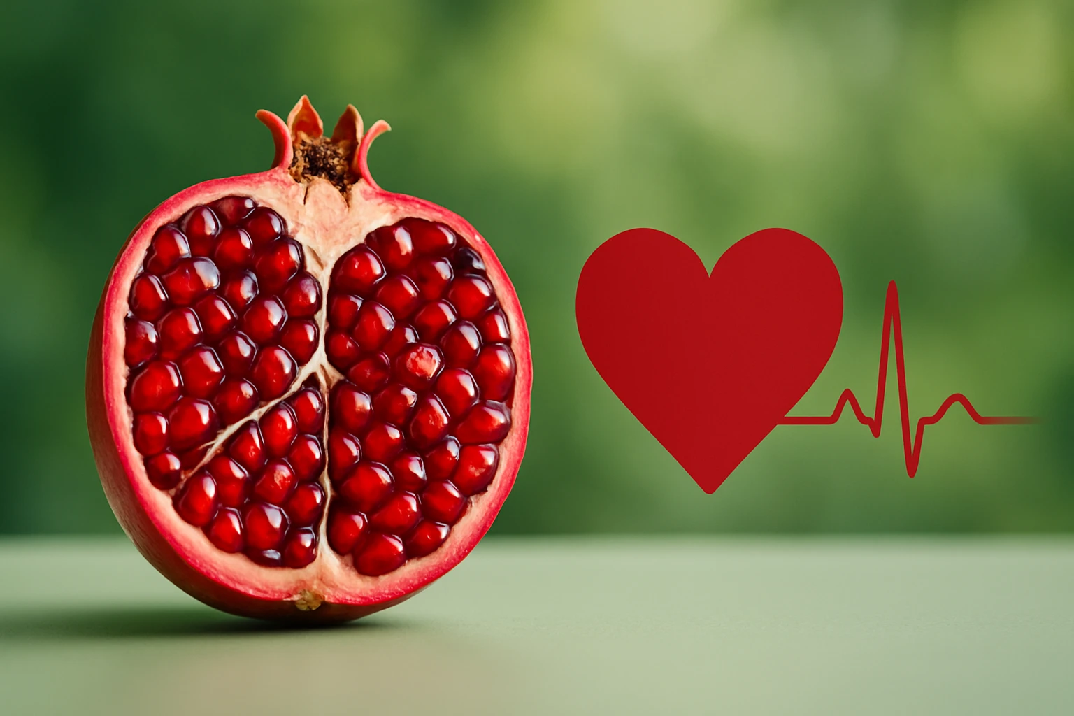 Félbevágott gránátalma, piros magokkal, zöld háttér előtt.