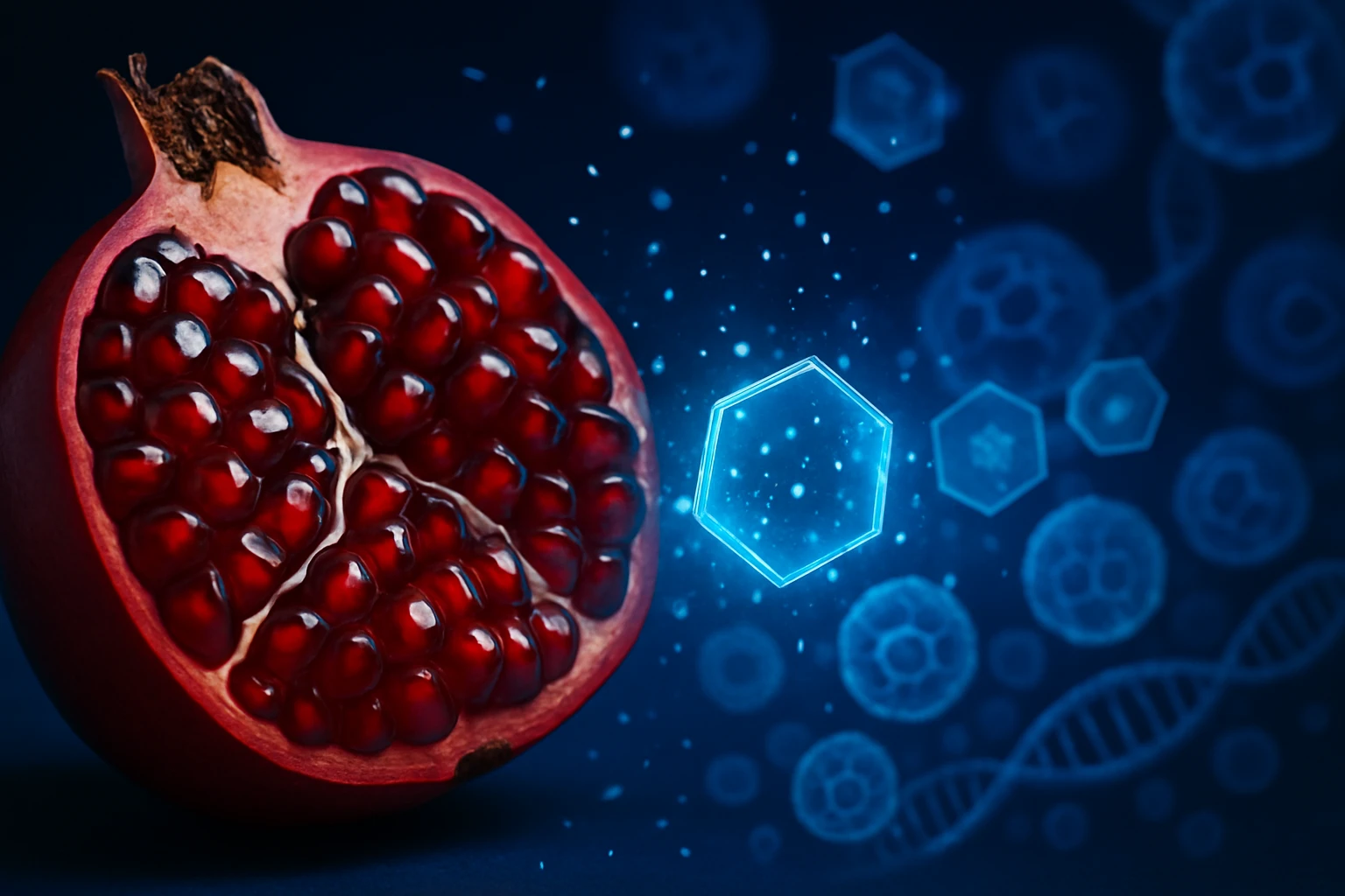 Félbevágott gránátalma, belsejében fénylő magokkal, háttérben kék tudományos elemekkel.