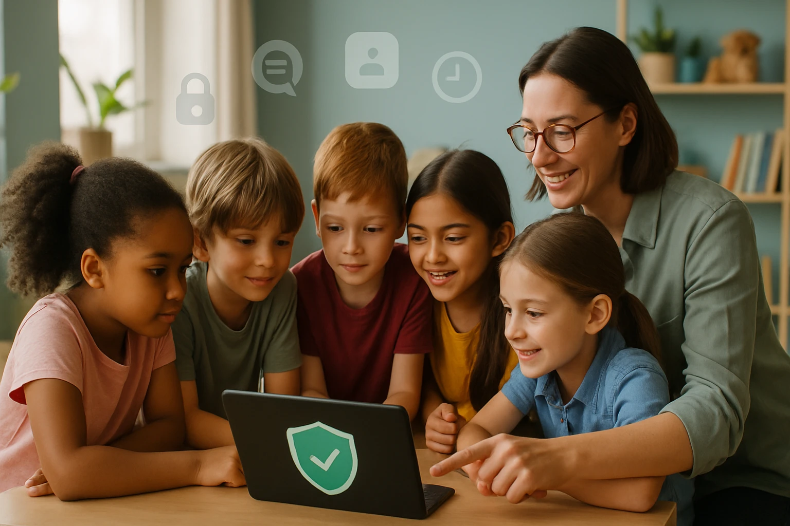 Egy tanár és öt gyermek figyelik a laptop képernyőjét, miközben tanulnak.