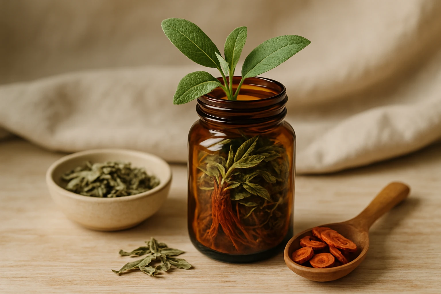 Egy üvegben gyógynövények láthatók, mellette szárított fűszerek és egy kanál.