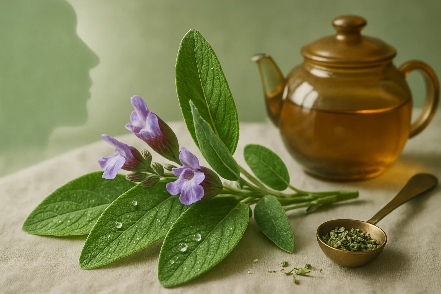 Friss gyógynövények és teáskanna, lila virágokkal és zöld levelekkel.