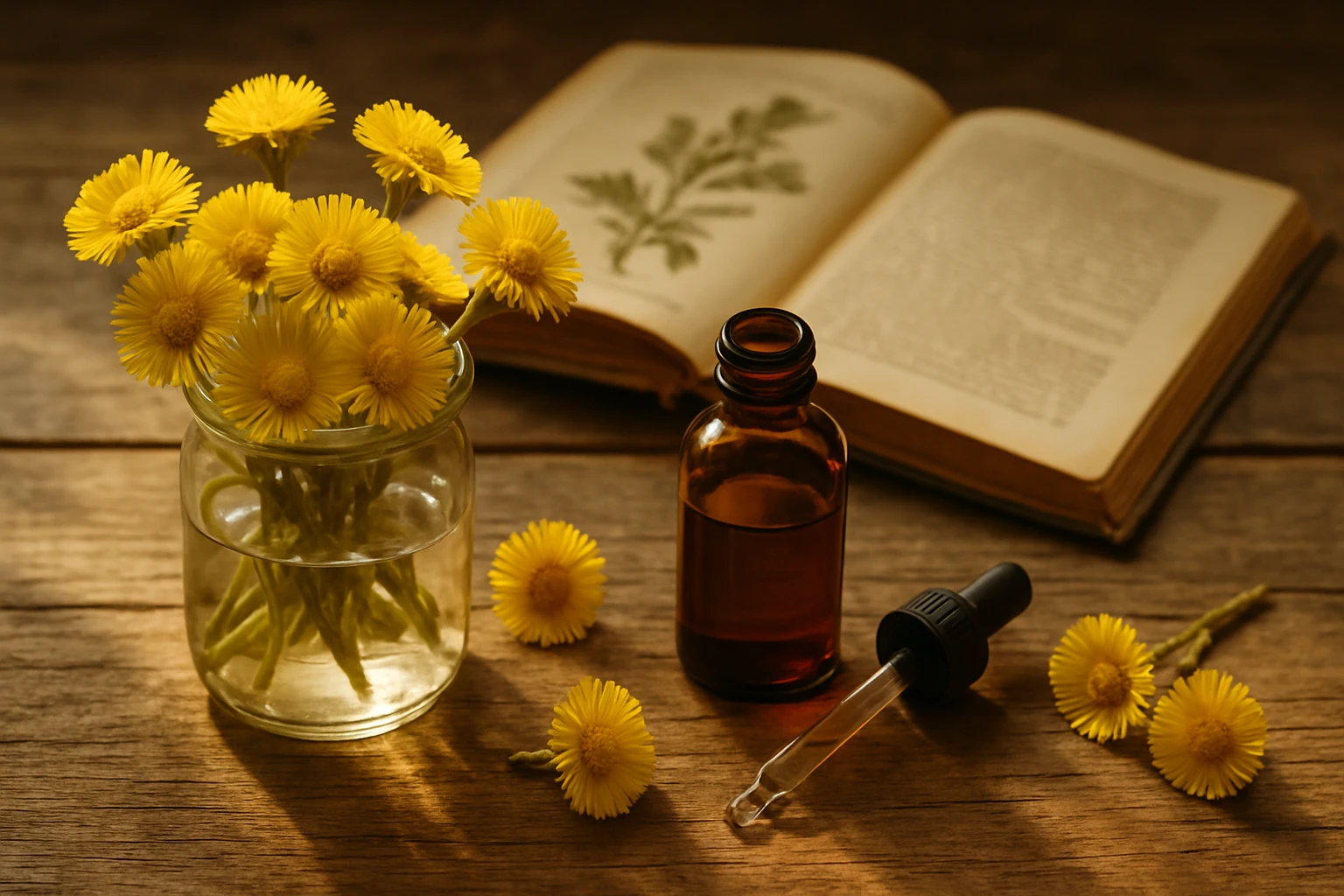Sárga virágok egy üvegben, mellette gyógynövényes könyv és cseppentő.