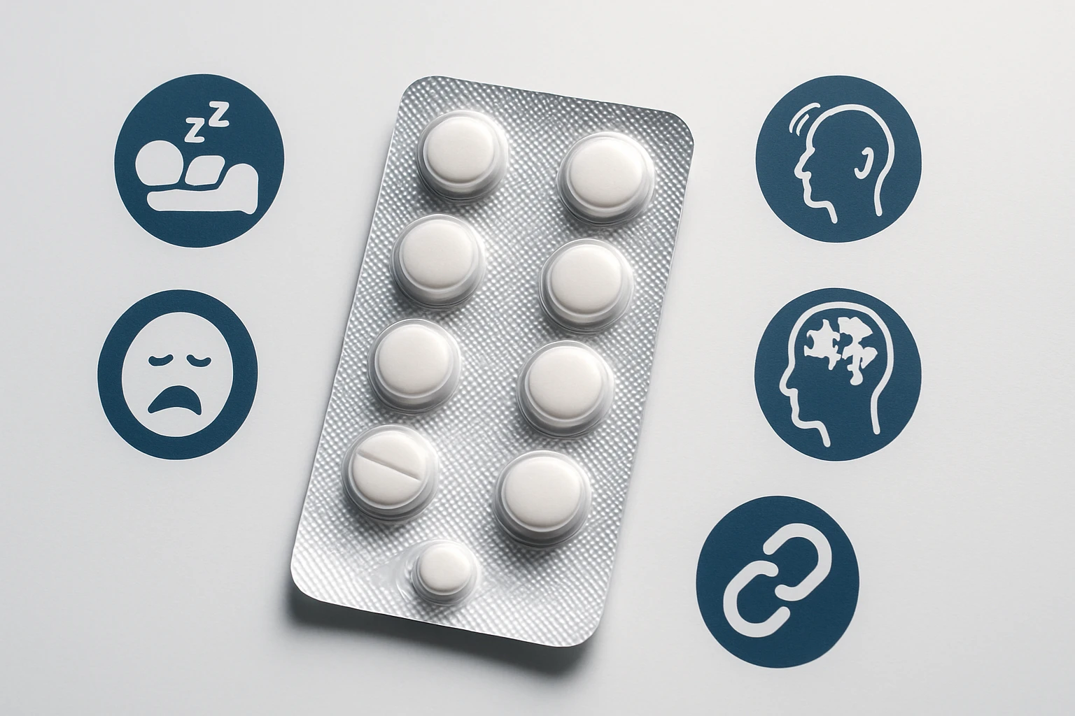 Fehér tabletták egy bliszterben, körülöttük különböző szimbólumok.