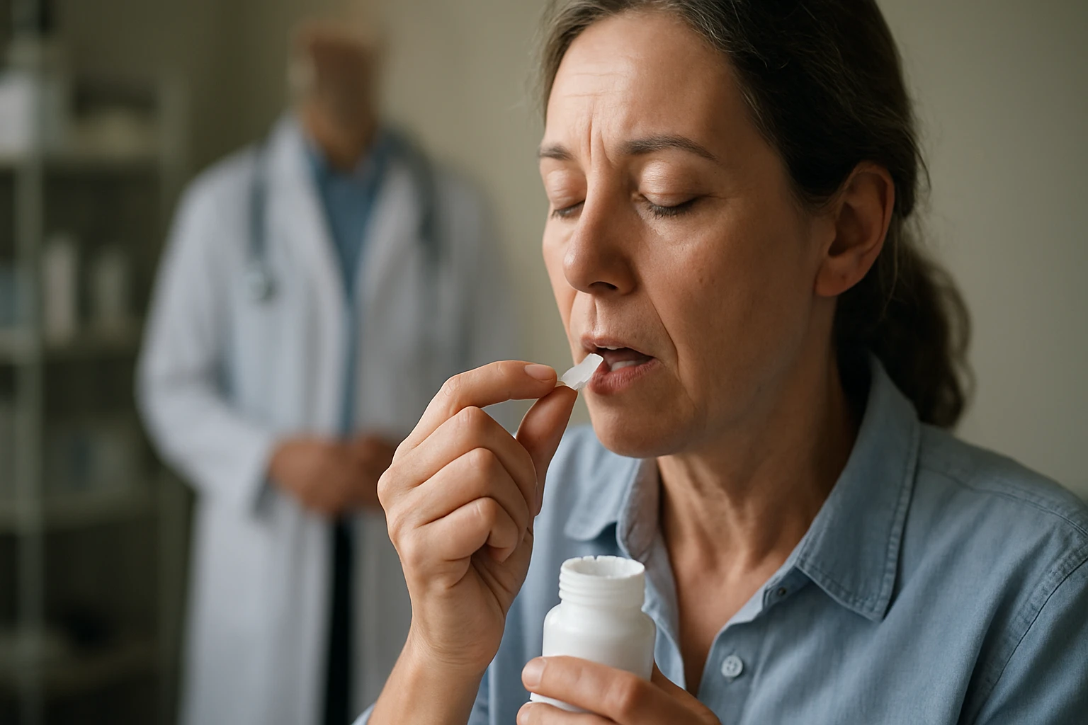 Egy nő gyógyszert vesz be, háttérben orvossal.