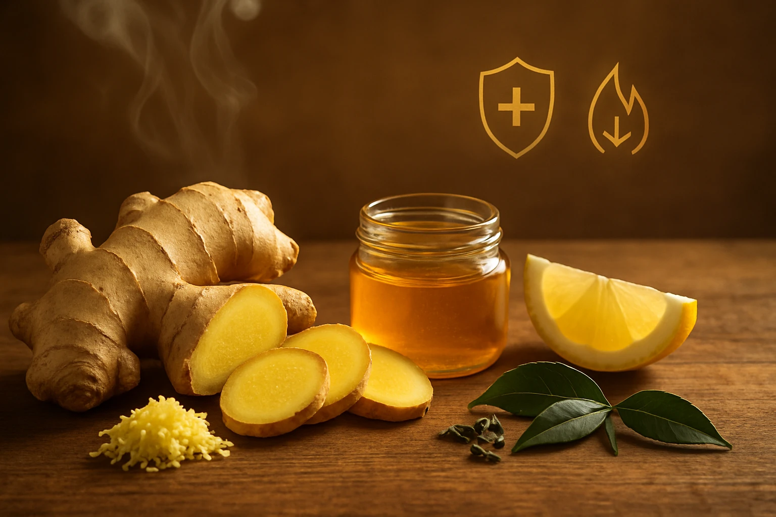 Friss gyömbér, méz és citrom szeletek egy fából készült asztalon.