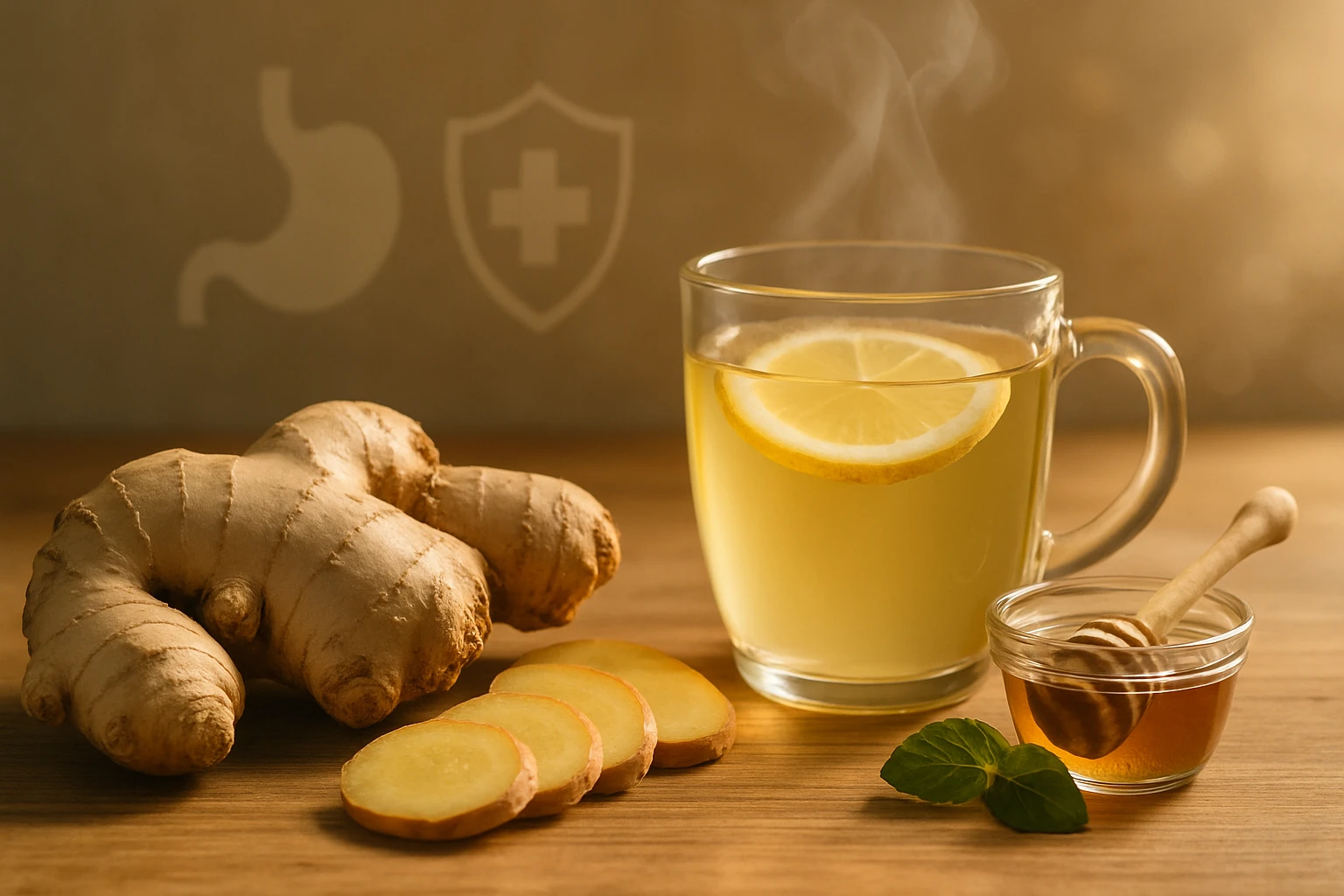 Friss gyömbér, citromos tea és méz egy asztalon, gőzölögve.