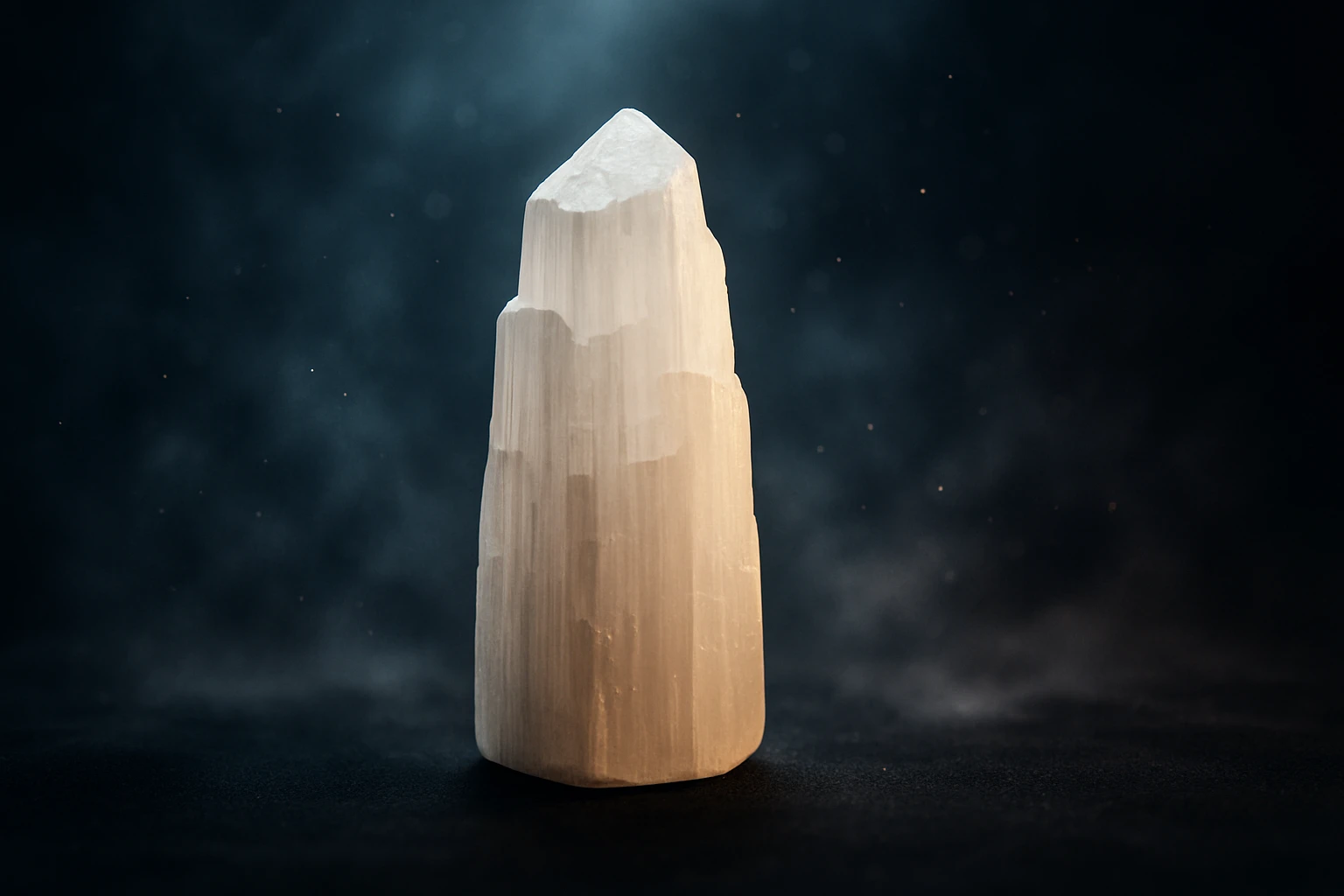 Egy magas, éles csúcsú, világos színű kristály, sötét háttér előtt.