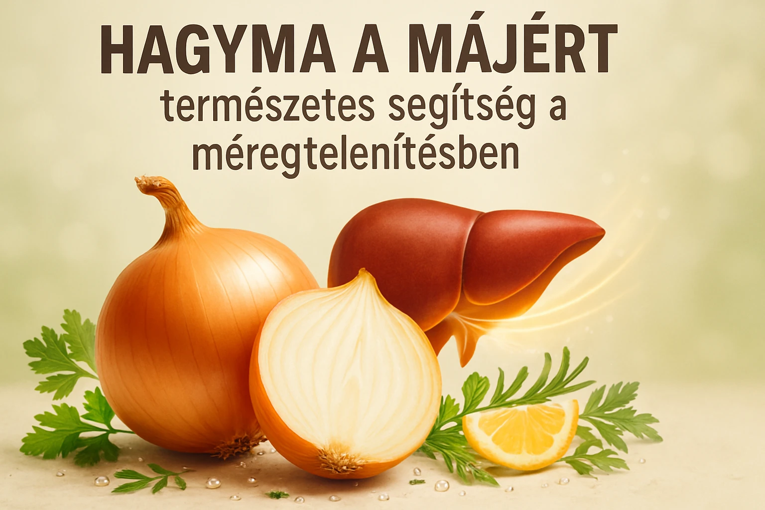 Két hagyma és egy máj látható, friss zöldfűszerekkel és citrommal.